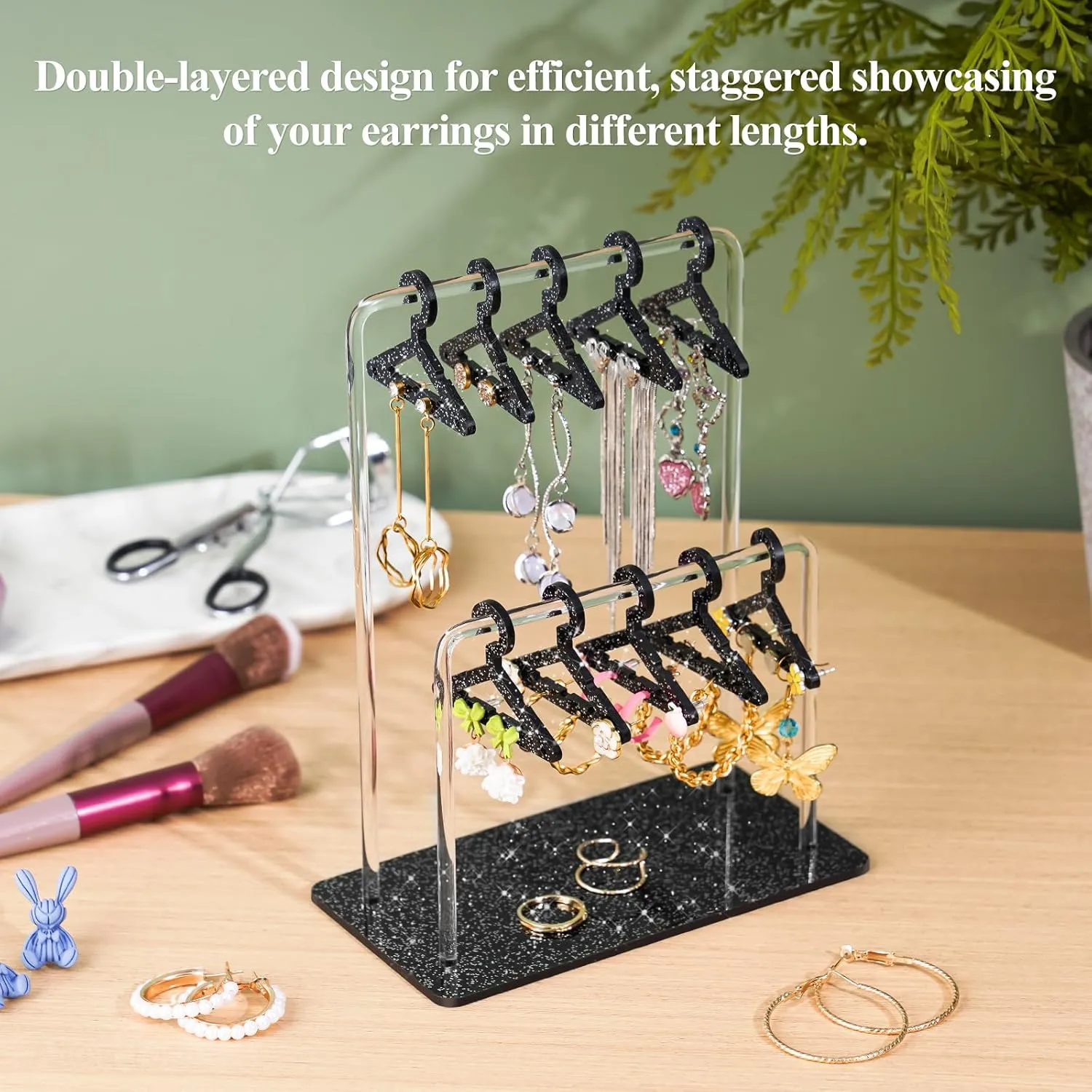 NiHome Glitter Acrylic Earring Holder with Unique Double-Tiered Design, Miniature Clothing Hangers with Spacious Storage for 48 Pairs, Mirror-Finish Display for Home Vanity & Retail Showrooms (Black)