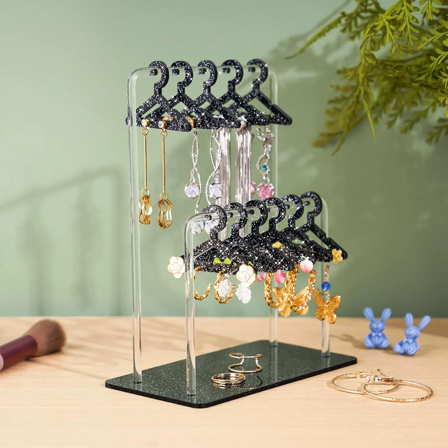 NiHome Glitter Acrylic Earring Holder with Unique Double-Tiered Design, Miniature Clothing Hangers with Spacious Storage for 48 Pairs, Mirror-Finish Display for Home Vanity & Retail Showrooms (Black)
