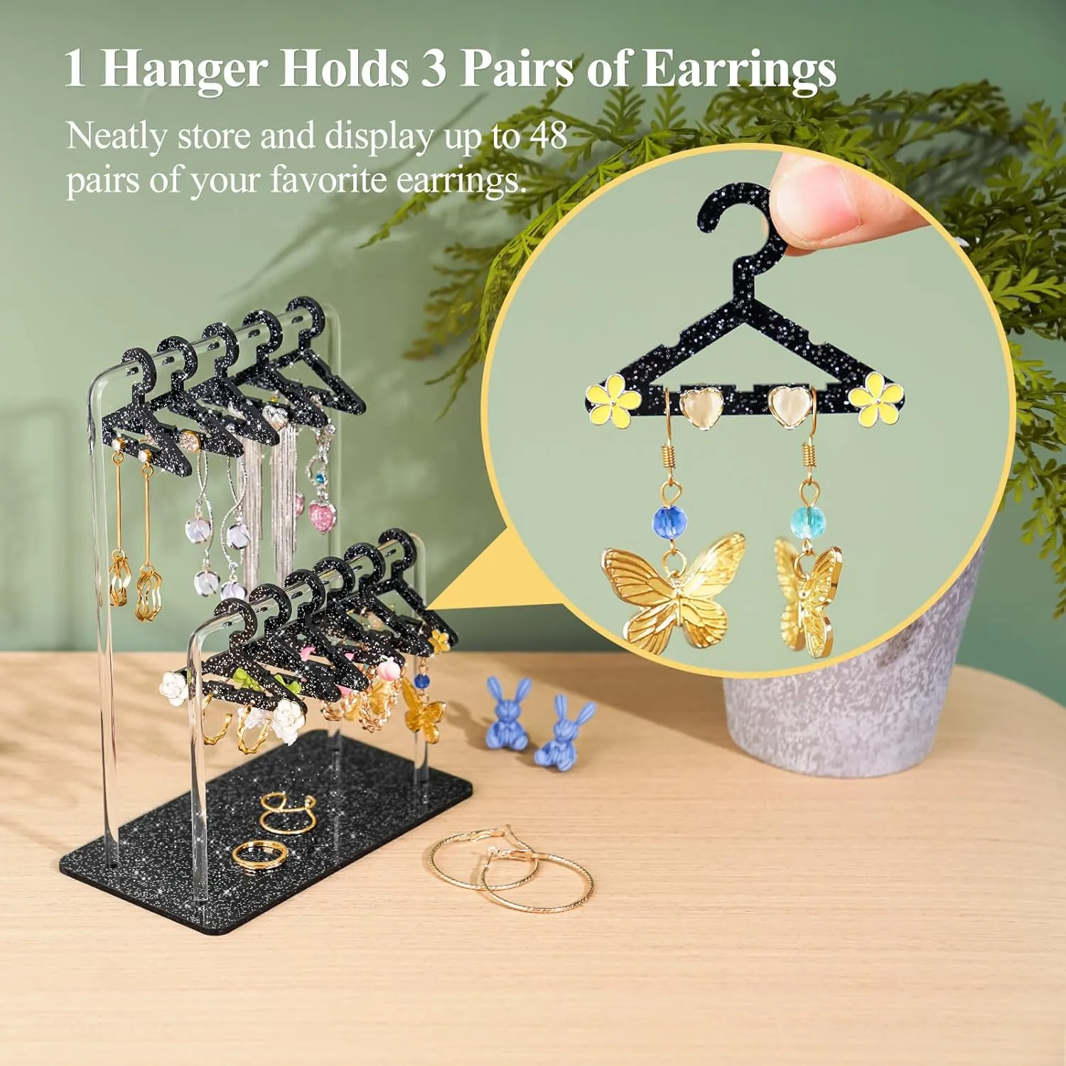 NiHome Glitter Acrylic Earring Holder with Unique Double-Tiered Design, Miniature Clothing Hangers with Spacious Storage for 48 Pairs, Mirror-Finish Display for Home Vanity & Retail Showrooms (Black)