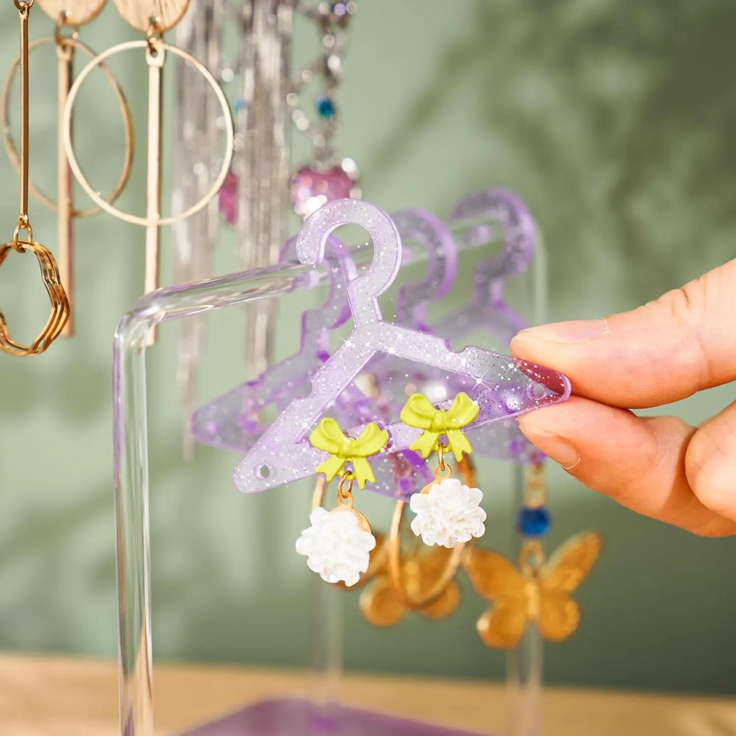 NiHome Glitter Acrylic Earring Holder with Unique Double-Tiered Design, Miniature Clothing Hangers with Spacious Storage for 48 Pairs, Mirror-Finish Display for Home Vanity & Retail Showrooms (Purple)