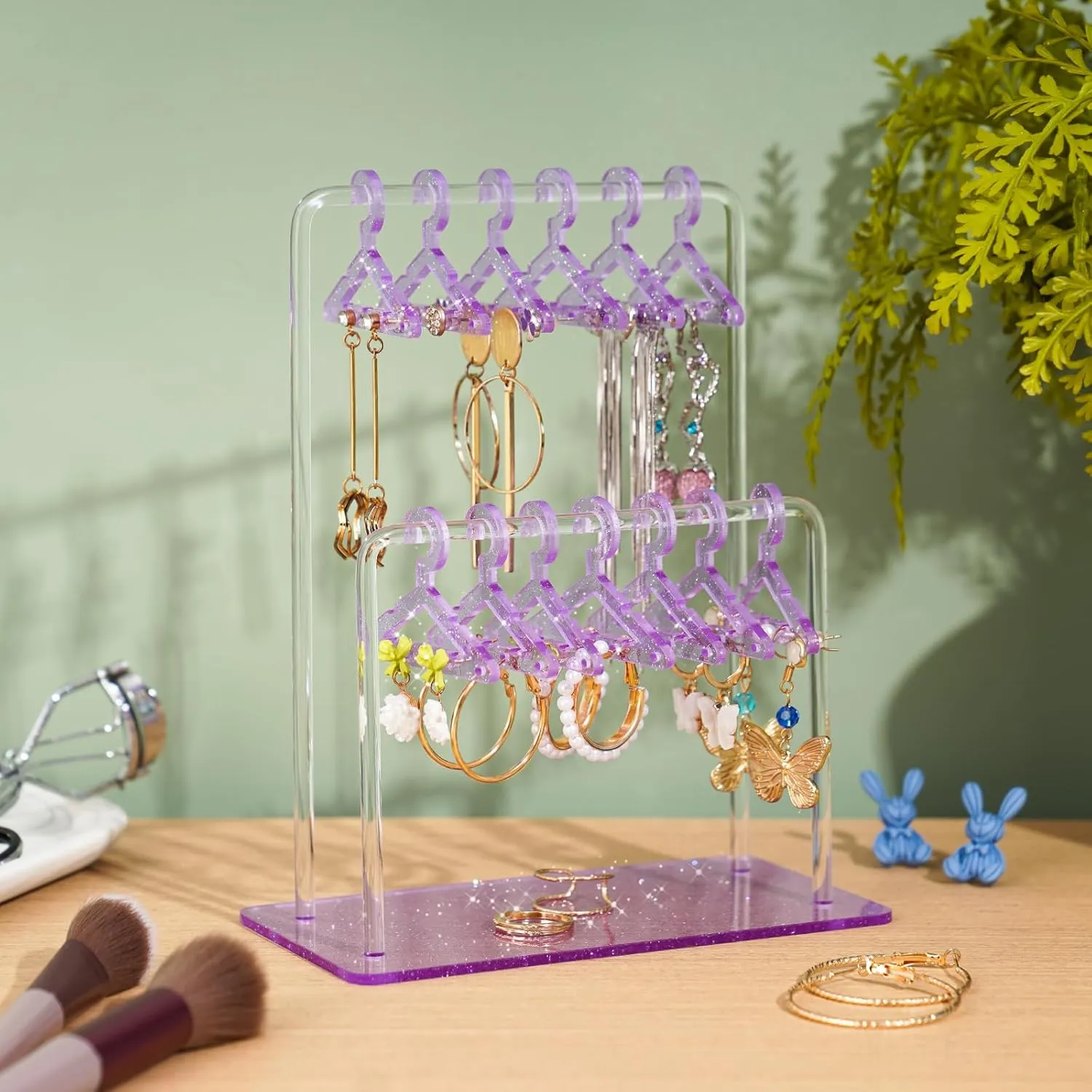 NiHome Glitter Acrylic Earring Holder with Unique Double-Tiered Design, Miniature Clothing Hangers with Spacious Storage for 48 Pairs, Mirror-Finish Display for Home Vanity & Retail Showrooms (Purple)