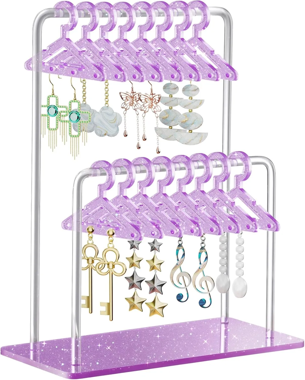 NiHome Glitter Acrylic Earring Holder with Unique Double-Tiered Design, Miniature Clothing Hangers with Spacious Storage for 48 Pairs, Mirror-Finish Display for Home Vanity & Retail Showrooms (Purple)