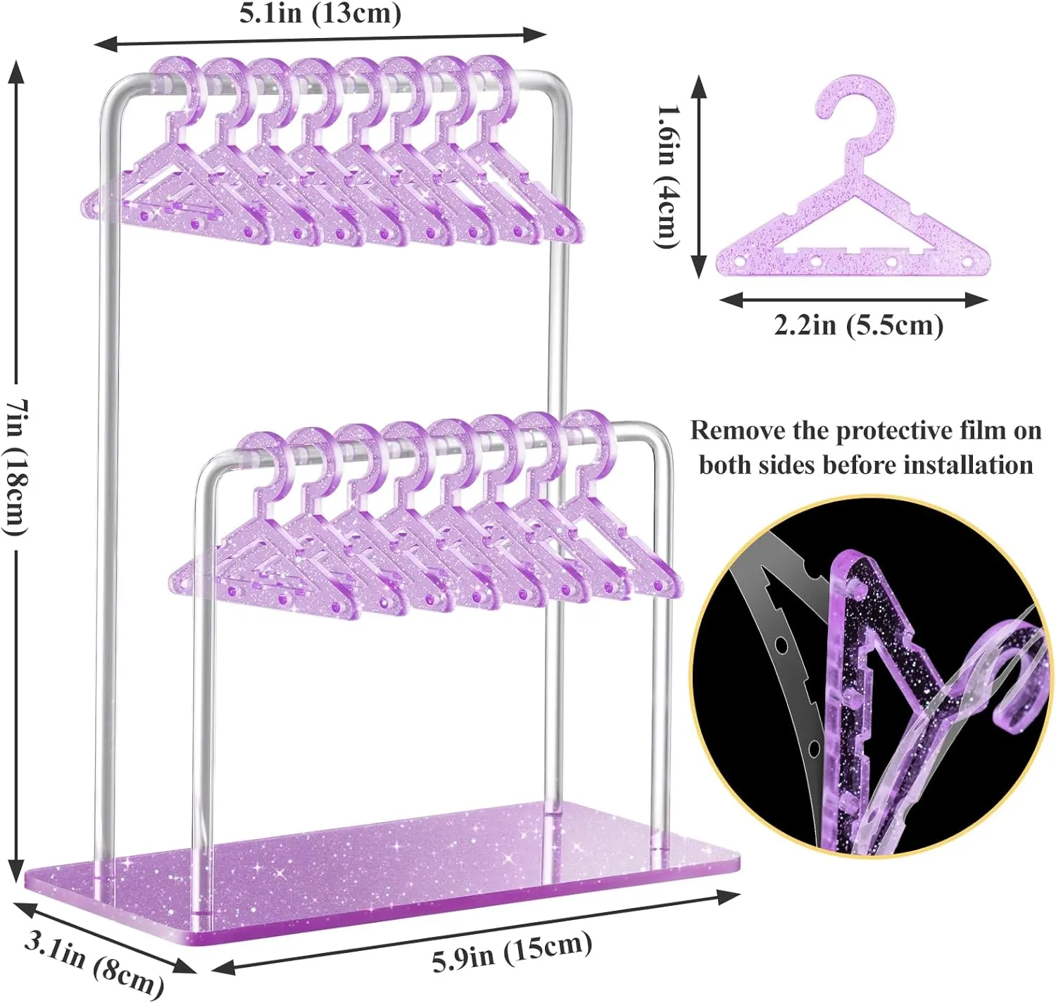 NiHome Glitter Acrylic Earring Holder with Unique Double-Tiered Design, Miniature Clothing Hangers with Spacious Storage for 48 Pairs, Mirror-Finish Display for Home Vanity & Retail Showrooms (Purple)