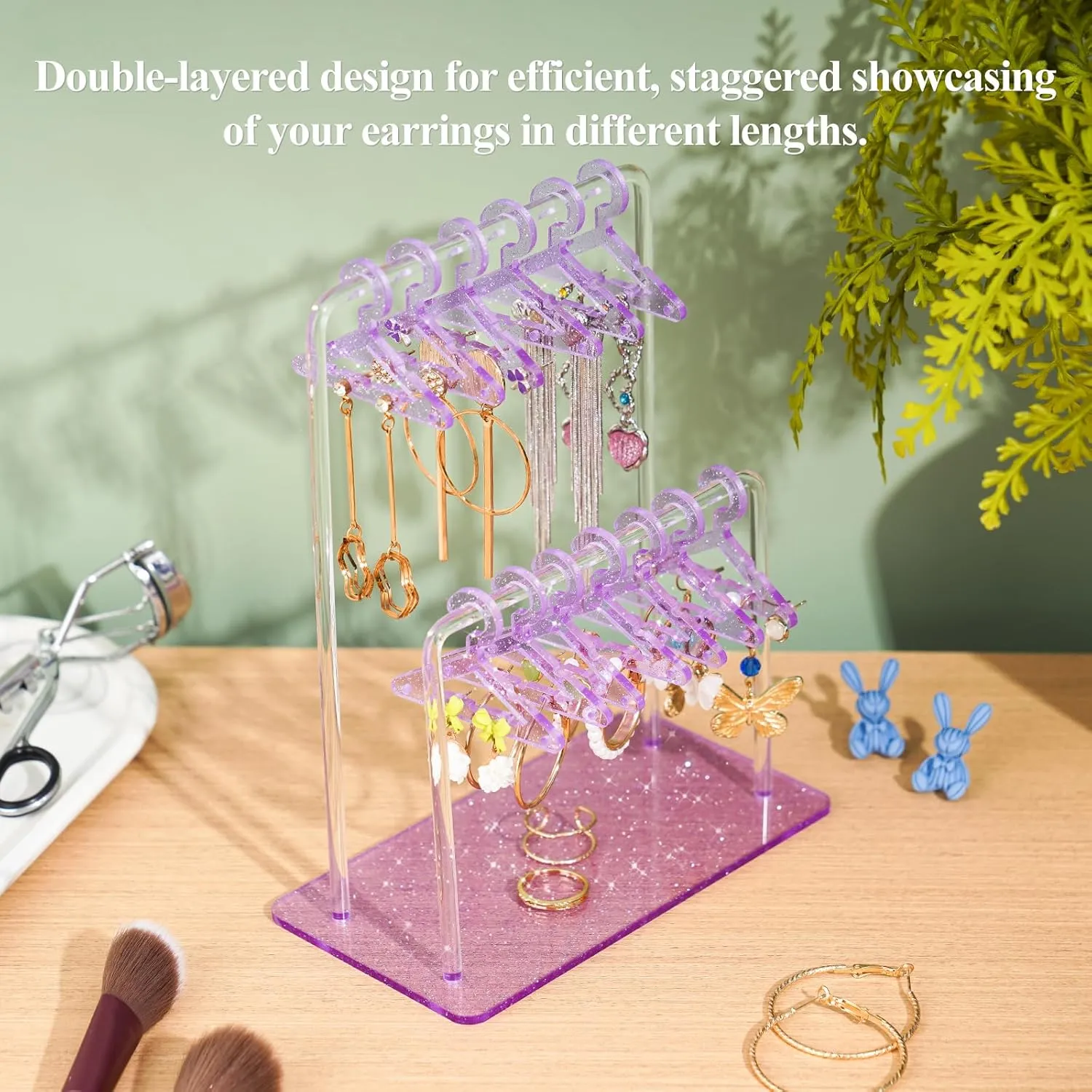 NiHome Glitter Acrylic Earring Holder with Unique Double-Tiered Design, Miniature Clothing Hangers with Spacious Storage for 48 Pairs, Mirror-Finish Display for Home Vanity & Retail Showrooms (Purple)