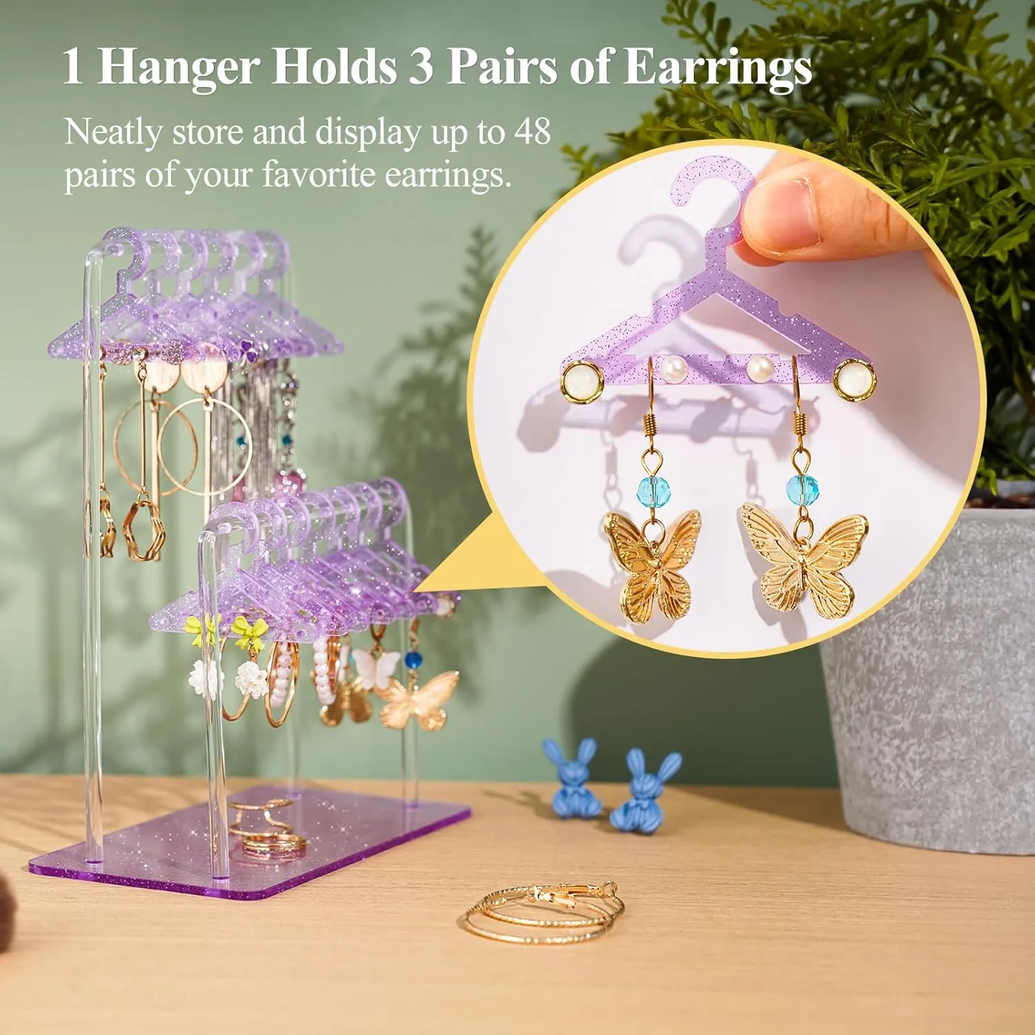NiHome Glitter Acrylic Earring Holder with Unique Double-Tiered Design, Miniature Clothing Hangers with Spacious Storage for 48 Pairs, Mirror-Finish Display for Home Vanity & Retail Showrooms (Purple)