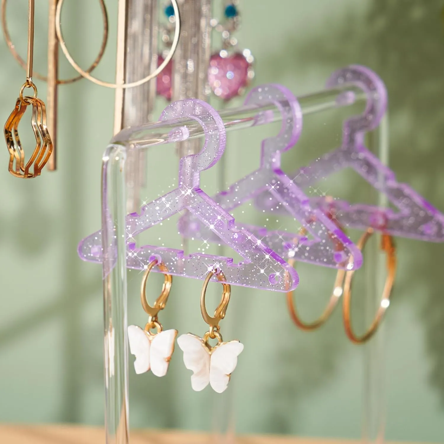NiHome Glitter Acrylic Earring Holder with Unique Double-Tiered Design, Miniature Clothing Hangers with Spacious Storage for 48 Pairs, Mirror-Finish Display for Home Vanity & Retail Showrooms (Purple)