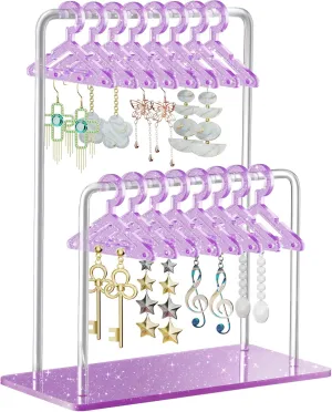 NiHome Glitter Acrylic Earring Holder with Unique Double-Tiered Design, Miniature Clothing Hangers with Spacious Storage for 48 Pairs, Mirror-Finish Display for Home Vanity & Retail Showrooms (Purple)