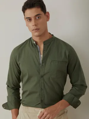 Olive Plain Chinese Collar Shirt