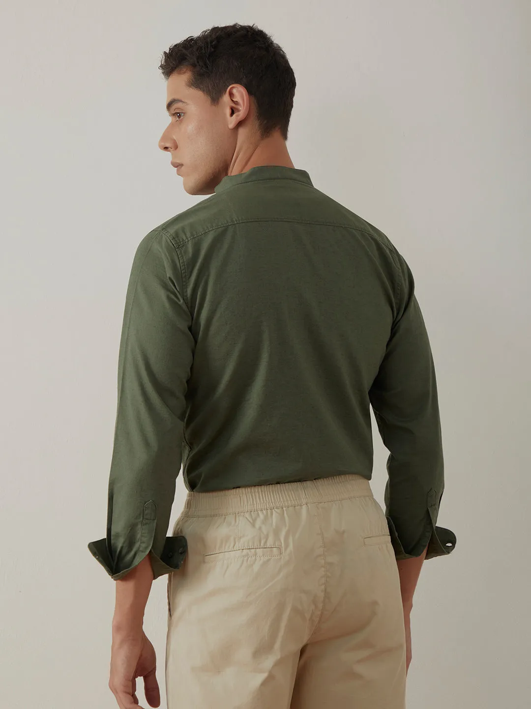 Olive Plain Chinese Collar Shirt