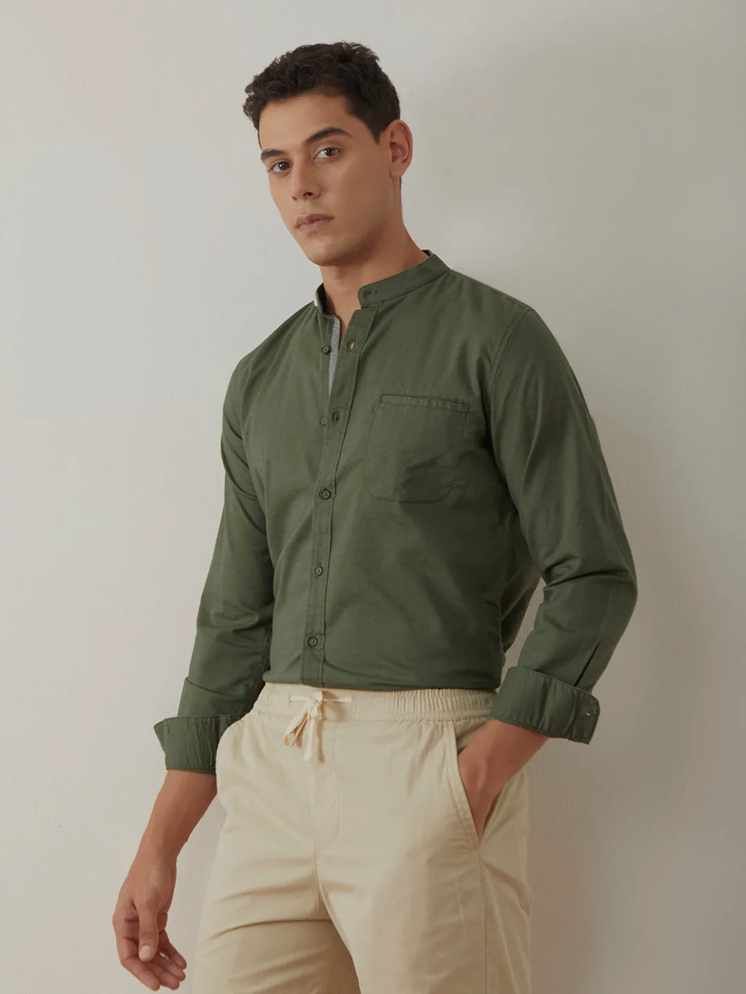 Olive Plain Chinese Collar Shirt