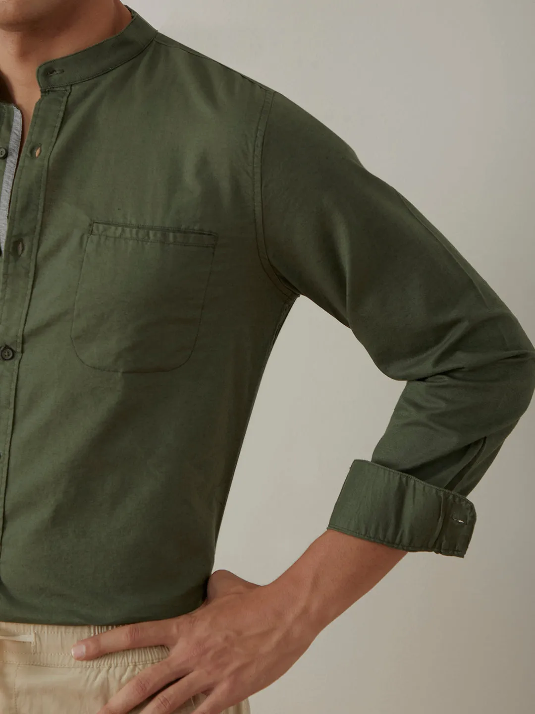 Olive Plain Chinese Collar Shirt
