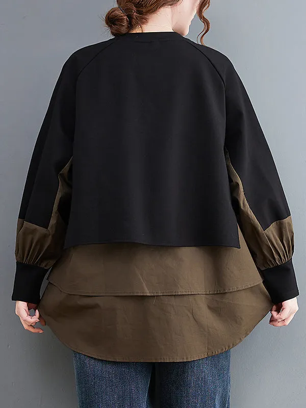 Original Loose Split-Joint Round-Neck Long Sleeves False Two T-Shirt