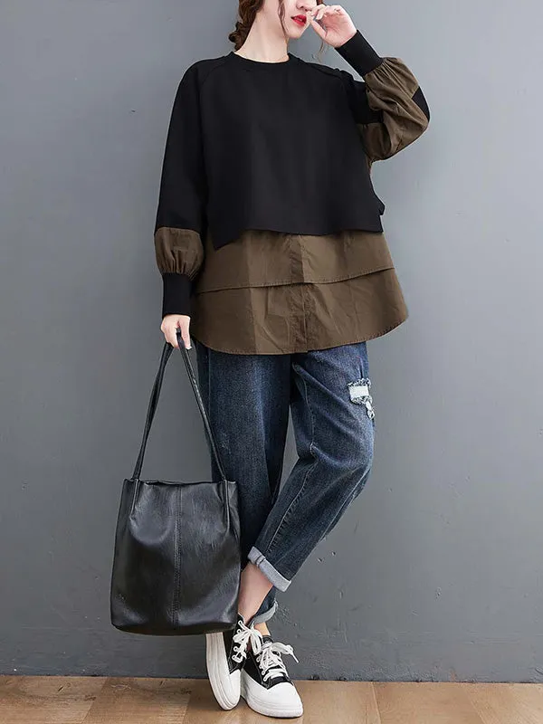 Original Loose Split-Joint Round-Neck Long Sleeves False Two T-Shirt