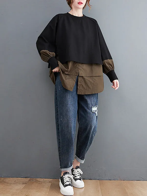 Original Loose Split-Joint Round-Neck Long Sleeves False Two T-Shirt