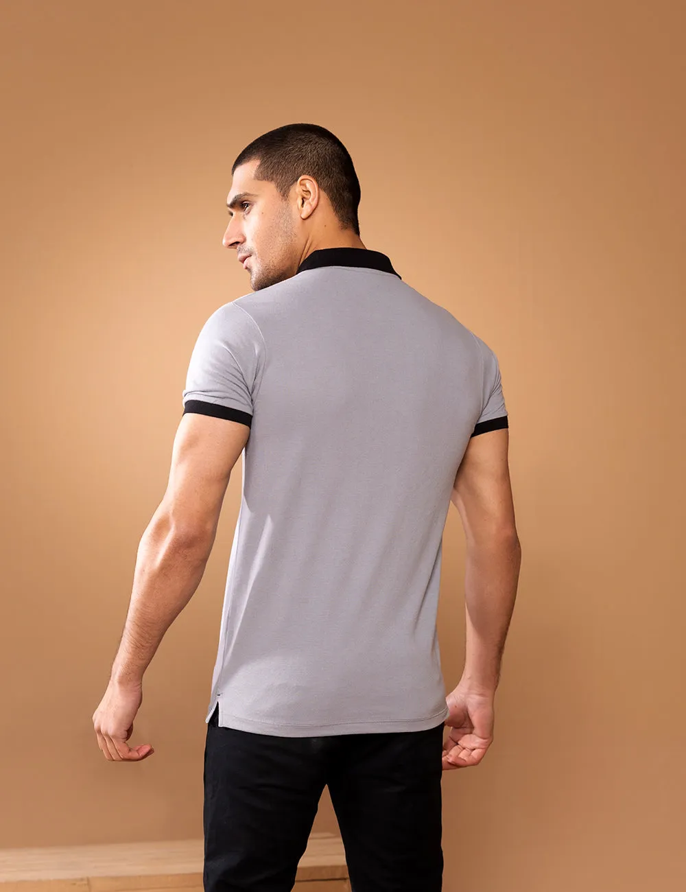 Plain Grey Polo Shirt with Black Contrast Collar
