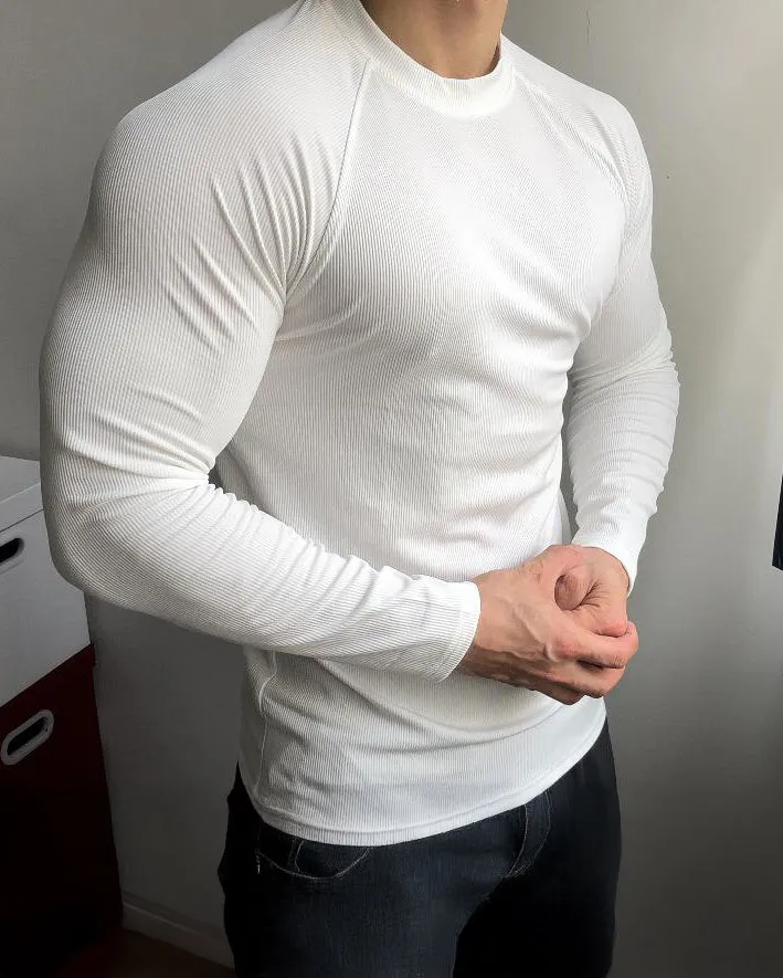 Ribbed Shoulder Cut Crew Neck Long Sleeve