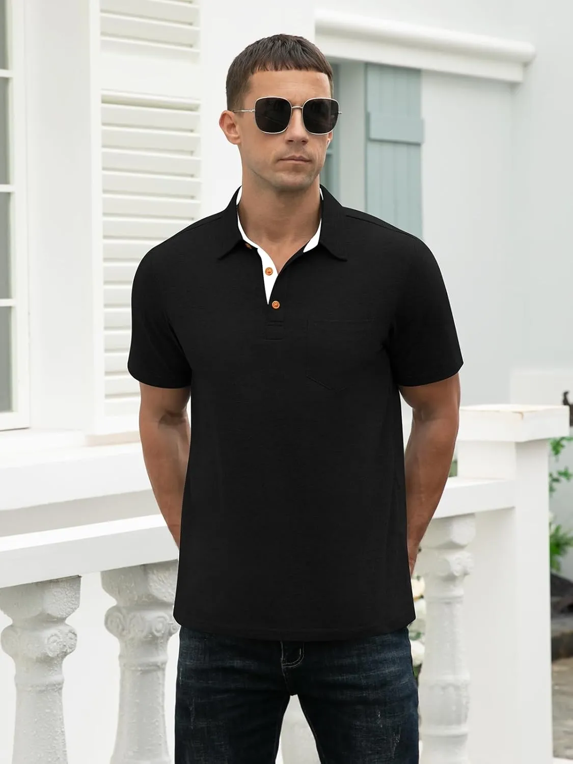 RQP Casual Polo Shirts for Men Short Sleeve Quick Dry Polo Shirts Collared T-Shirt