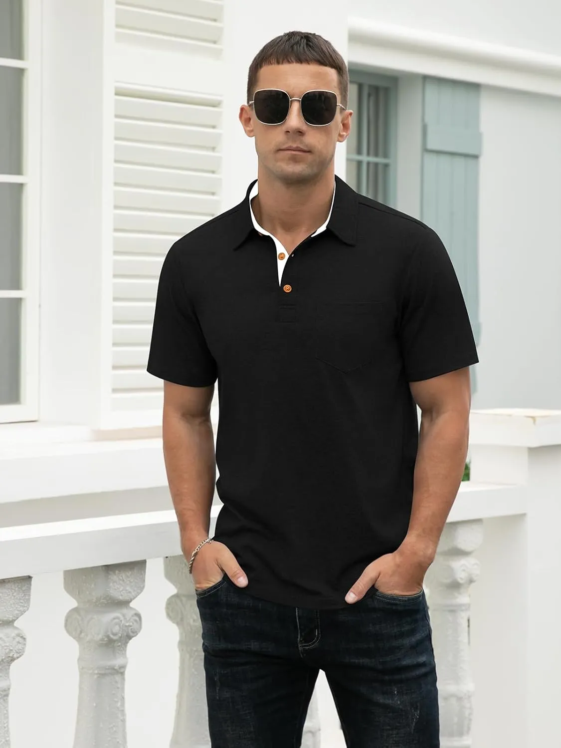 RQP Casual Polo Shirts for Men Short Sleeve Quick Dry Polo Shirts Collared T-Shirt