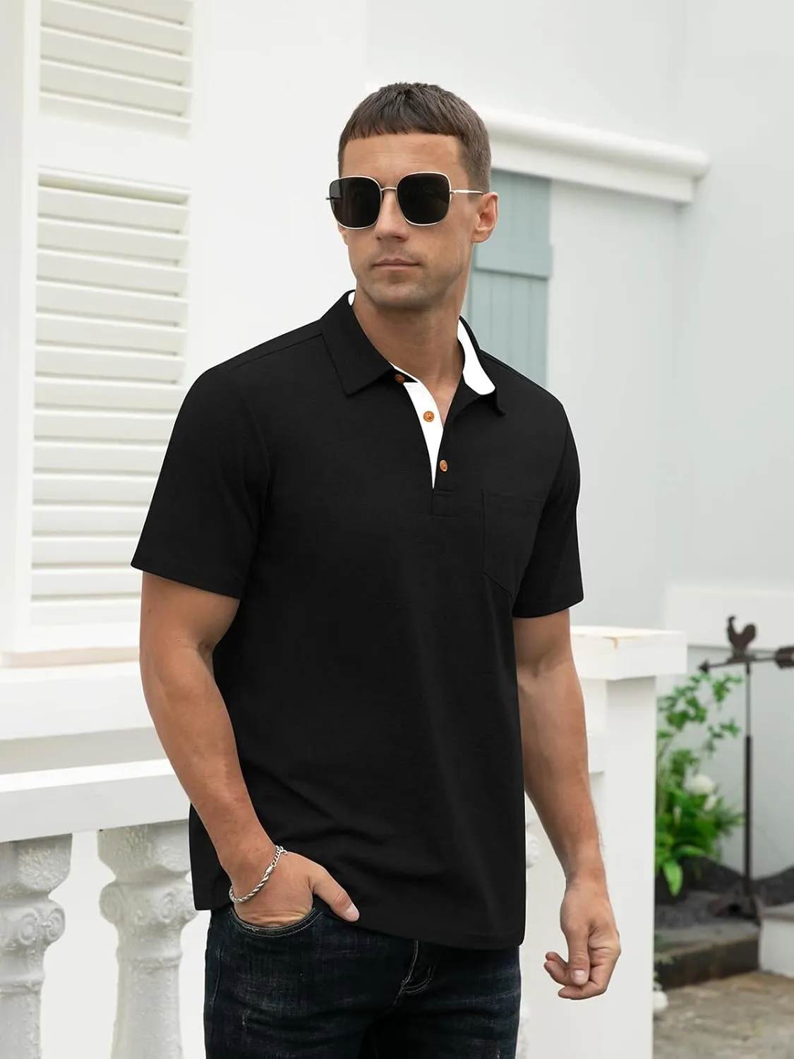 RQP Casual Polo Shirts for Men Short Sleeve Quick Dry Polo Shirts Collared T-Shirt