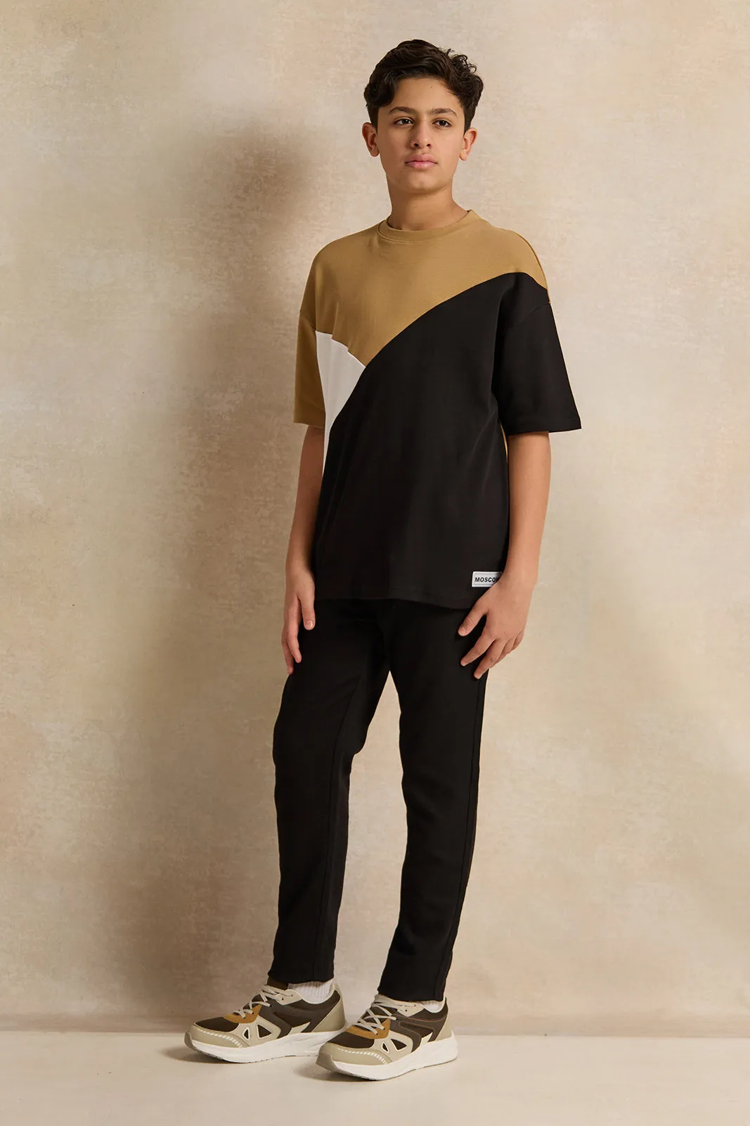 Senior Boys Beige Cut And Sew T-Shirt