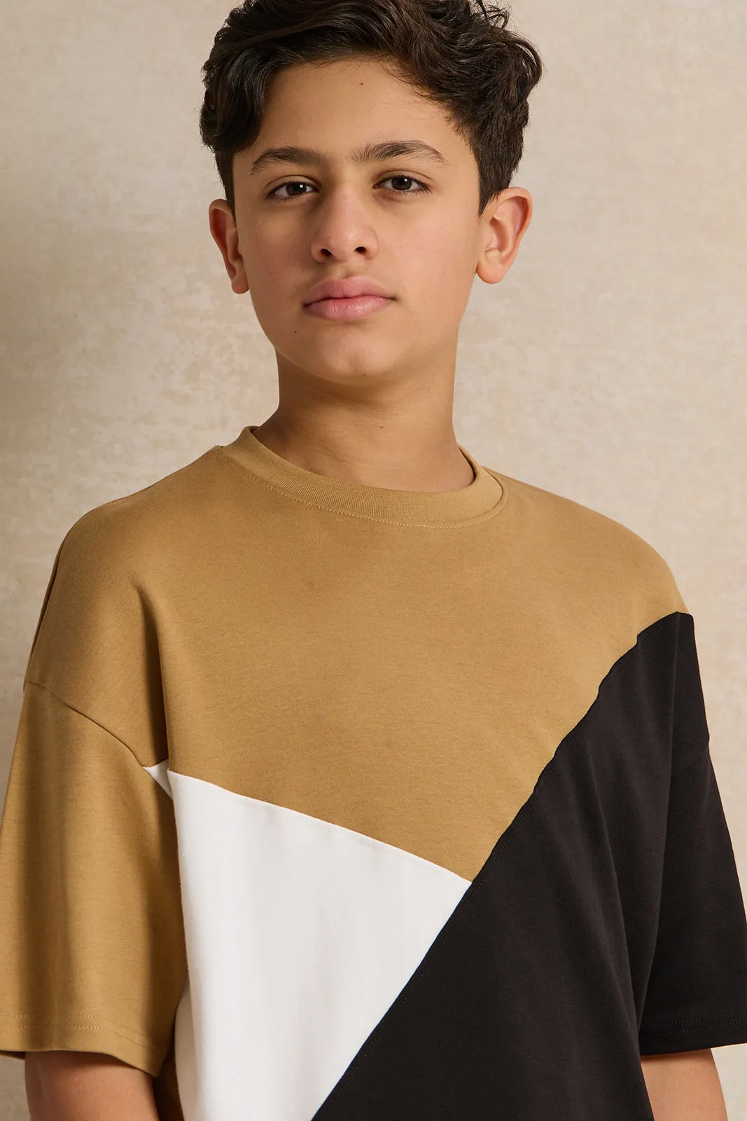 Senior Boys Beige Cut And Sew T-Shirt