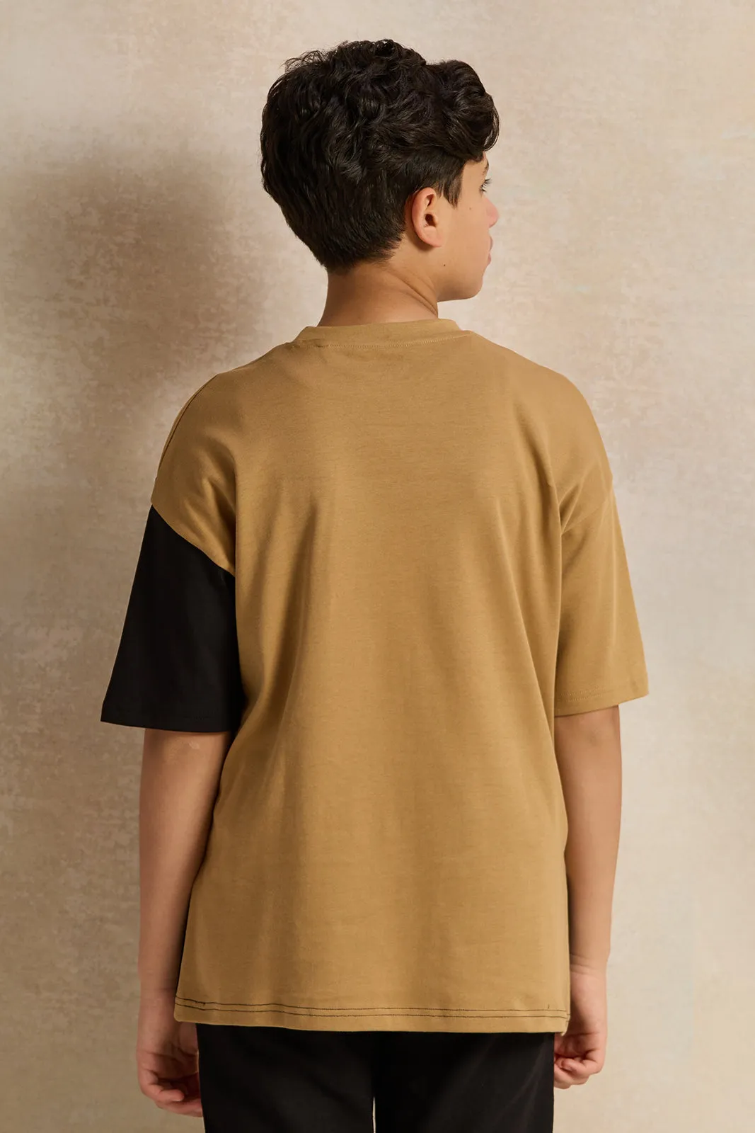 Senior Boys Beige Cut And Sew T-Shirt
