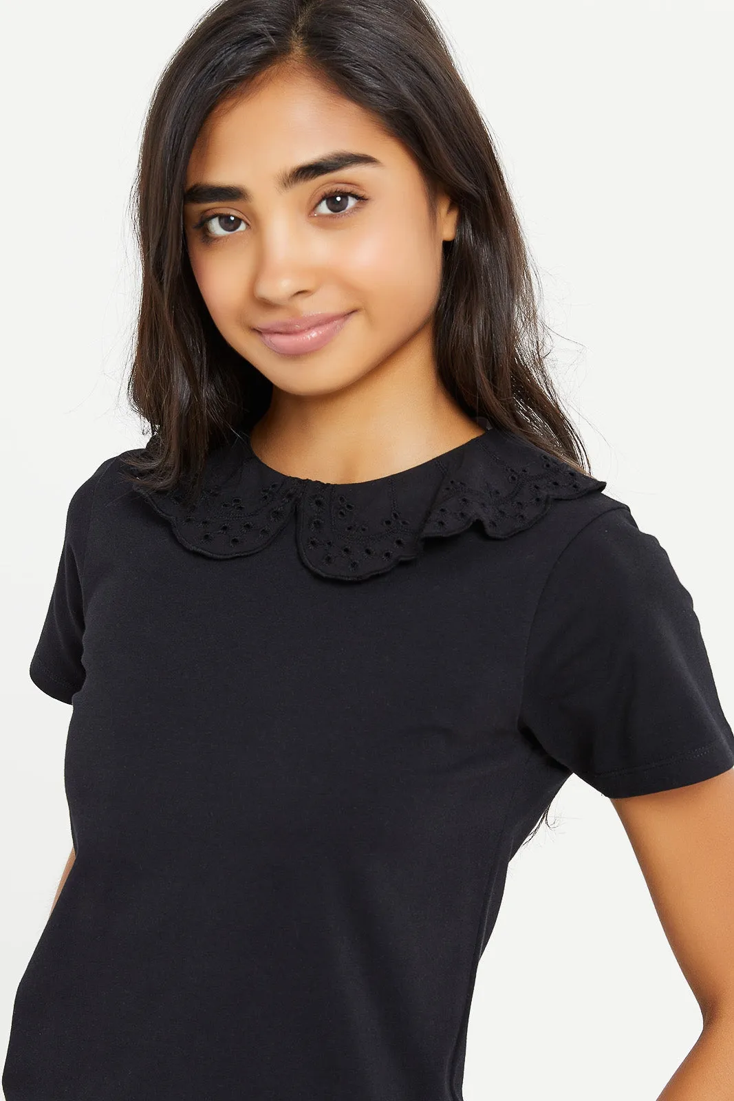 Senior Girls Black Short Sleeve Ruffled Top