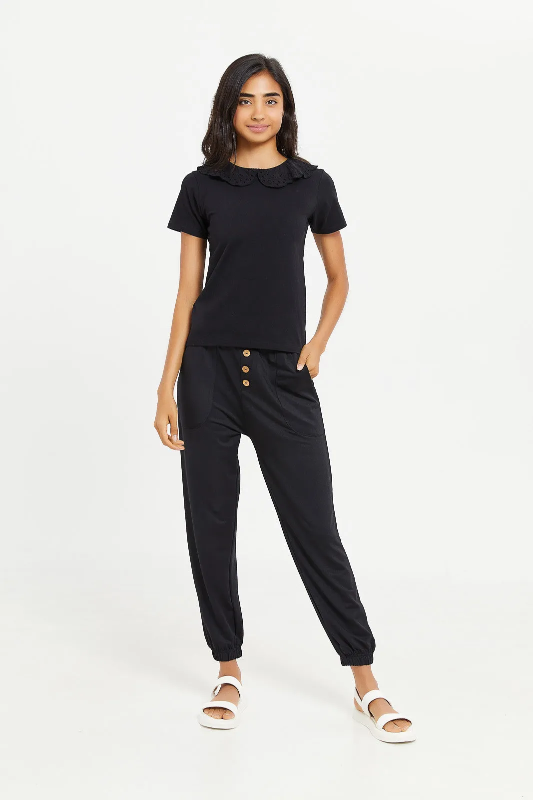 Senior Girls Black Short Sleeve Ruffled Top