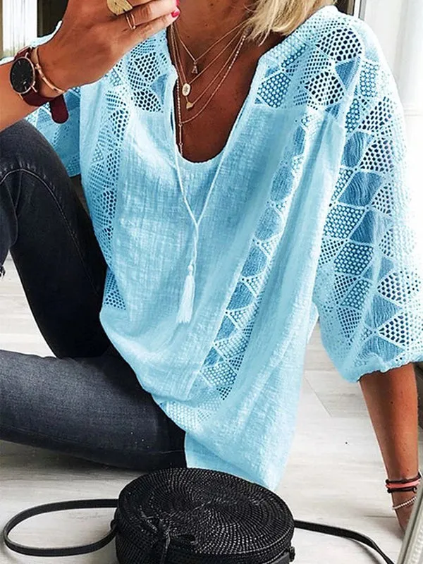 Chic Casual Hollow Lace U-Neck T-Shirt Top with Split-Joint Design