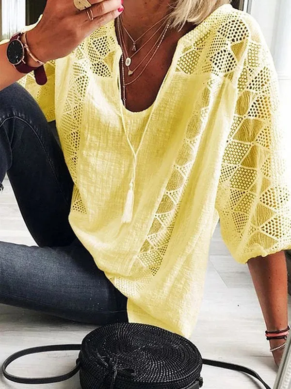 Chic Casual Hollow Lace U-Neck T-Shirt Top with Split-Joint Design