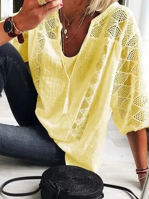 Chic Casual Hollow Lace U-Neck T-Shirt Top with Split-Joint Design