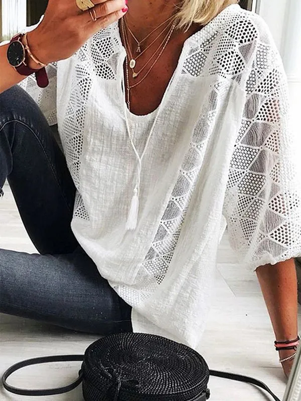 Chic Casual Hollow Lace U-Neck T-Shirt Top with Split-Joint Design