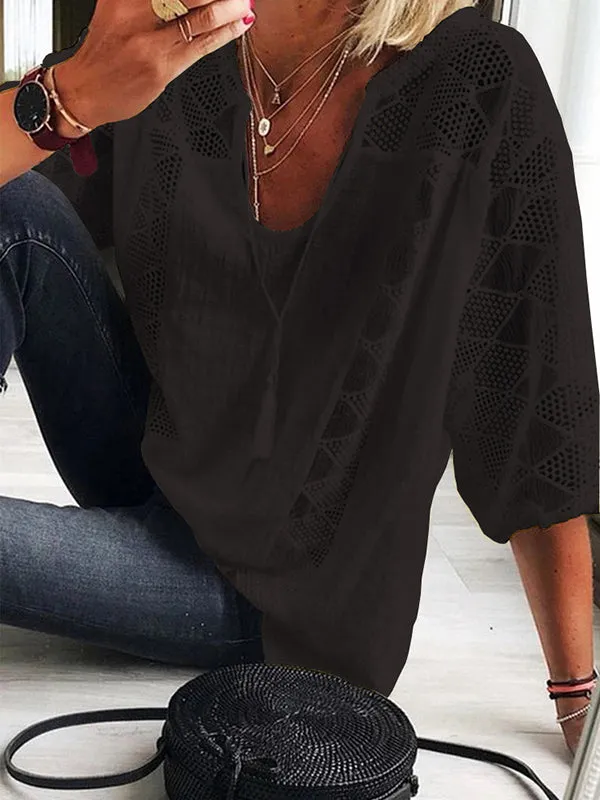 Chic Casual Hollow Lace U-Neck T-Shirt Top with Split-Joint Design