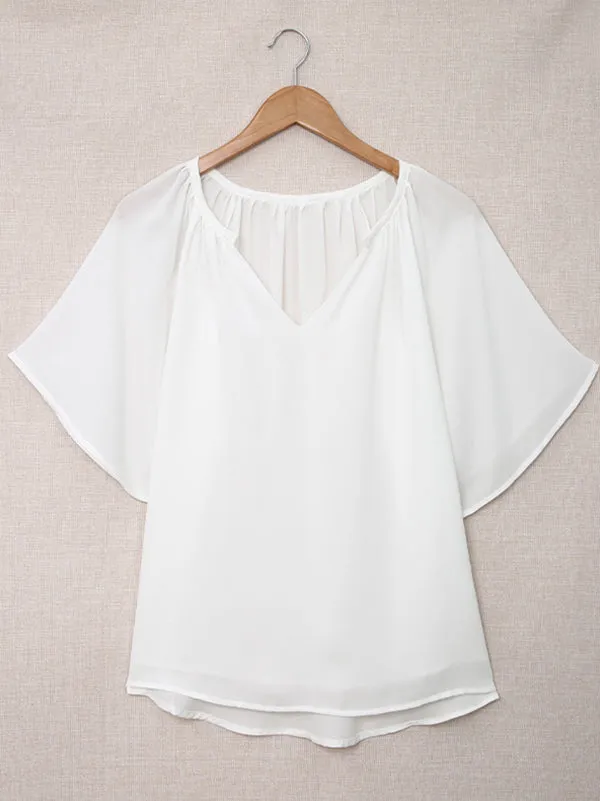 Simple Casual Solid Color Loose Pleated Half Sleeves T-Shirt Top