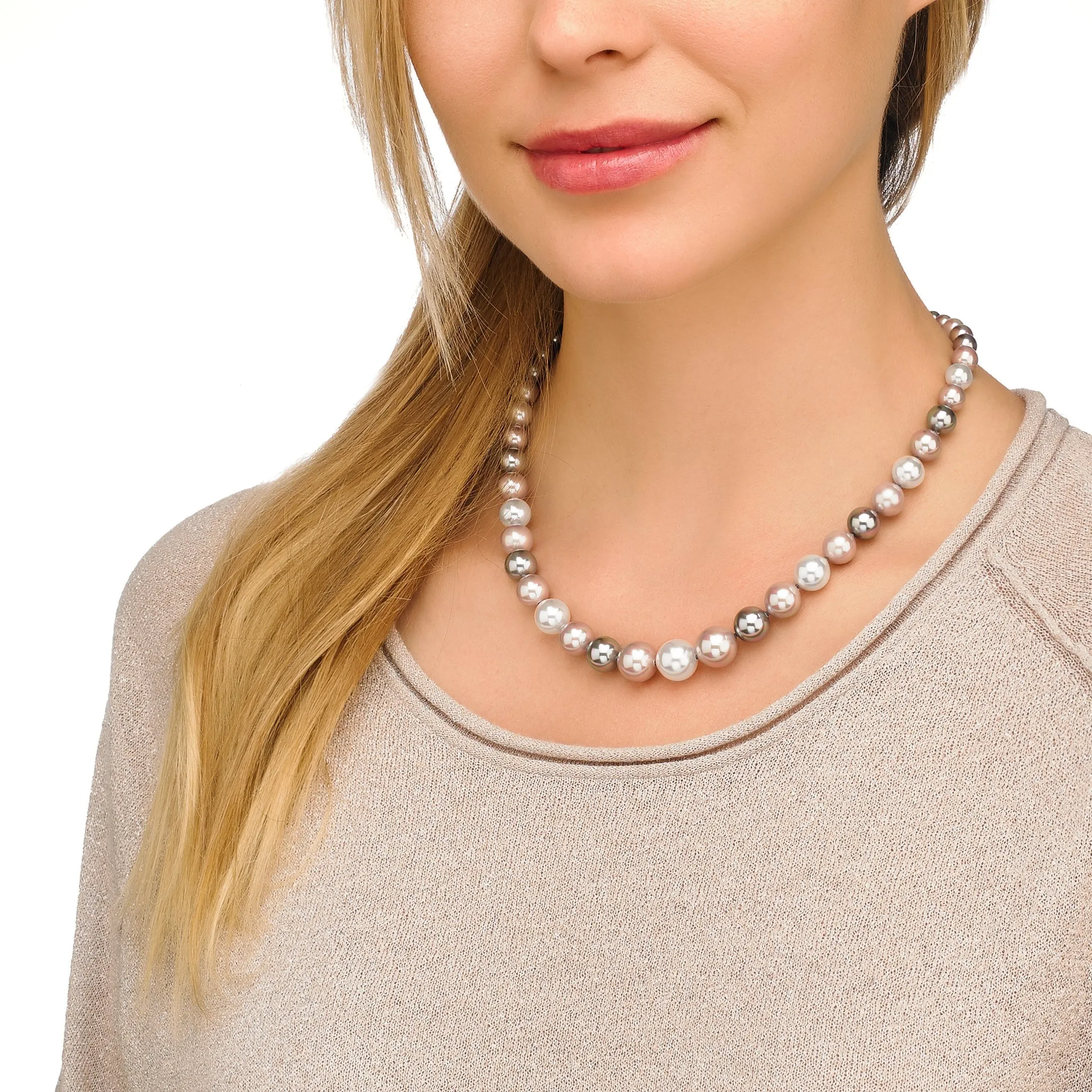 Sterling Silver Rhodium Plated Necklace for Women with Organic Pearl, 6/12mm Round Multicolor Pearl, 17.7" Necklace Length, Lyra Collection