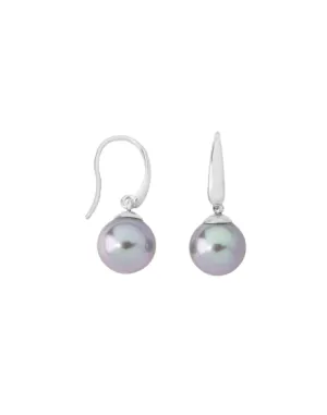 Sterling Silver Rhodium Plated Short Fish Wire Earrings, for Women with Organic Pearl, 10mm Round Grey Pearl, Nuada Collection