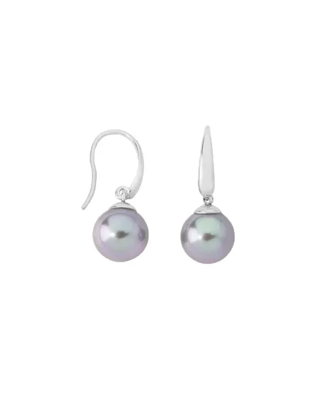 Sterling Silver Rhodium Plated Short Fish Wire Earrings, for Women with Organic Pearl, 10mm Round Grey Pearl, Nuada Collection