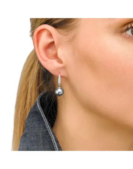 Sterling Silver Rhodium Plated Short Fish Wire Earrings, for Women with Organic Pearl, 10mm Round Grey Pearl, Nuada Collection