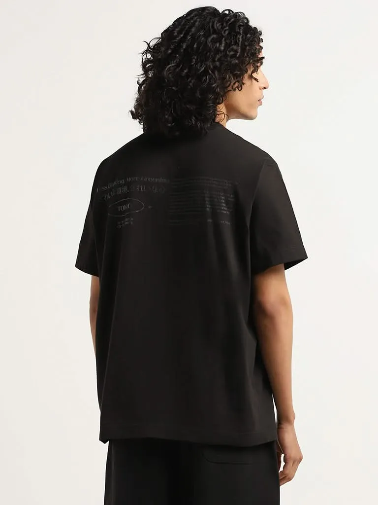 Studiofit Black Printed Relaxed Fit T-Shirt
