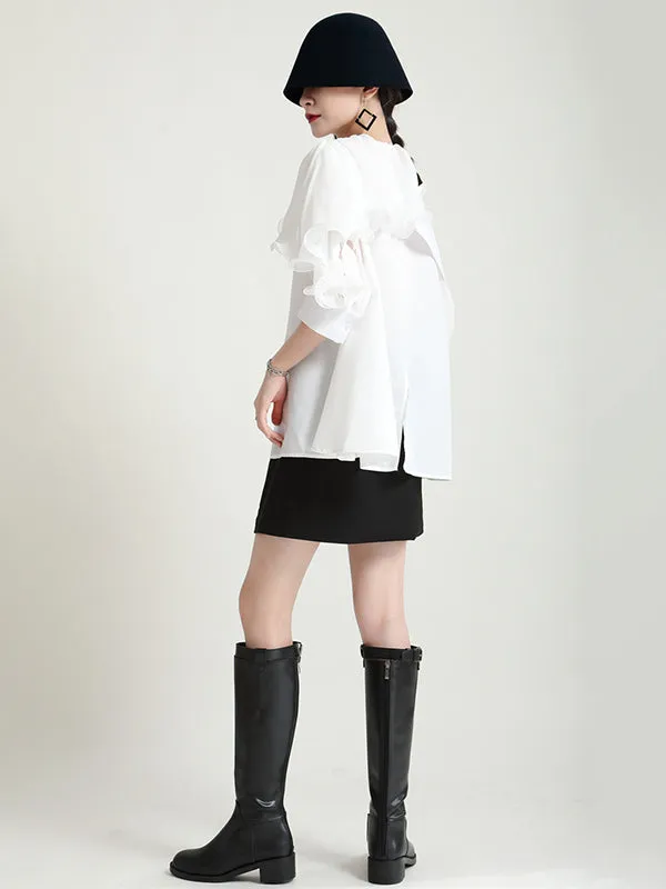 Stylish Asymmetric Split-Joint Falbala With Belted Half Sleeves Blouses