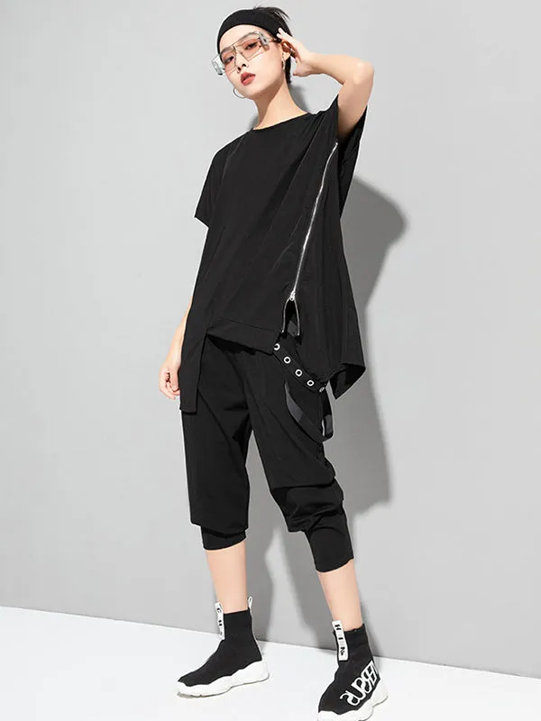 Stylish Irregular Zipper Split-Joint Black T-Shirt Top