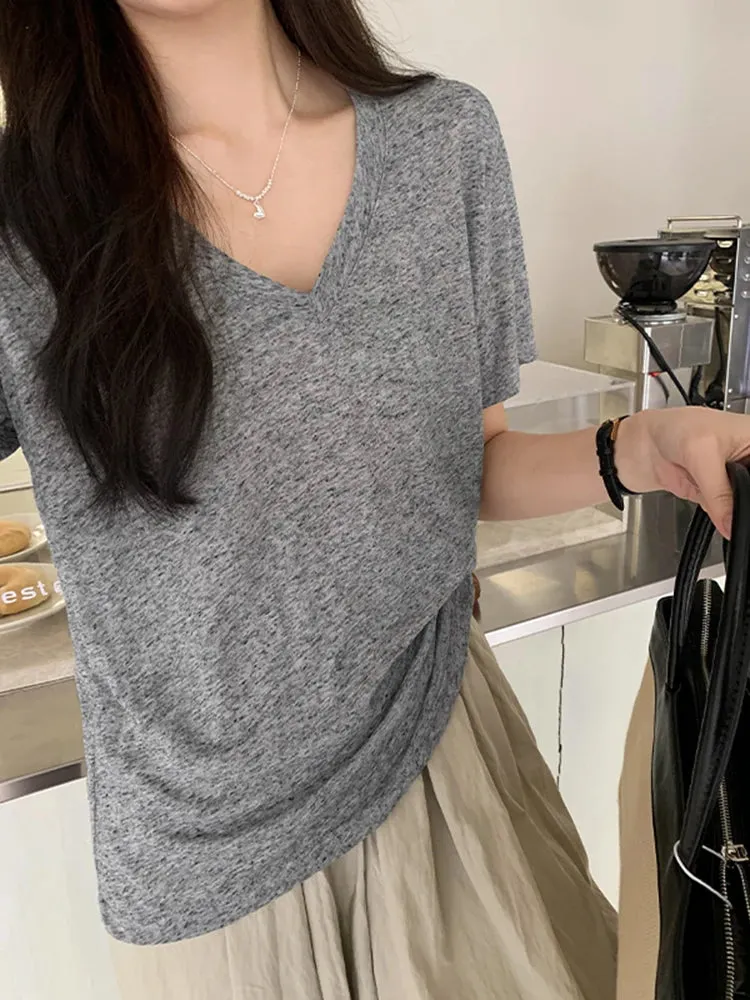 Summer Chicly V-neck Casual Short Sleeve Loose Female T-shirts New Classic Solid Color Fashion Simple S-XL Street Women T-shirts