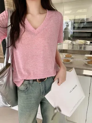 Summer Chicly V-neck Casual Short Sleeve Loose Female T-shirts New Classic Solid Color Fashion Simple S-XL Street Women T-shirts