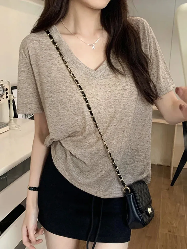 Summer Chicly V-neck Casual Short Sleeve Loose Female T-shirts New Classic Solid Color Fashion Simple S-XL Street Women T-shirts