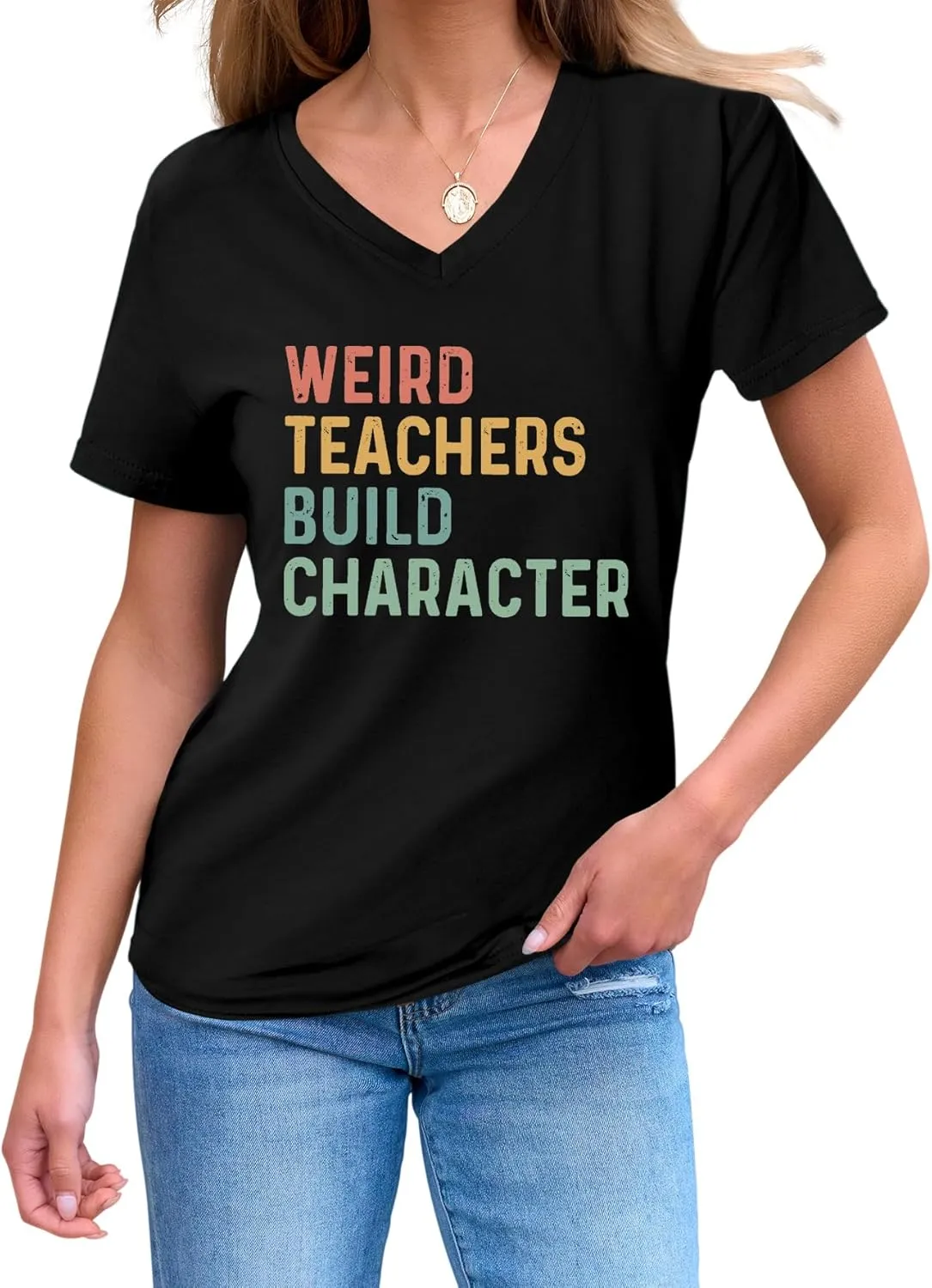 Teacher Shirts for Women Weird Teacher Build Character Tee Cute Teacher Life Appreciation Gift Casual Tshirt Tops
