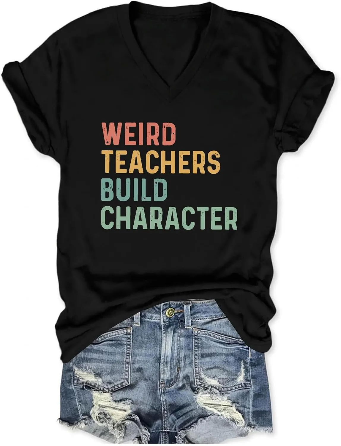 Teacher Shirts for Women Weird Teacher Build Character Tee Cute Teacher Life Appreciation Gift Casual Tshirt Tops