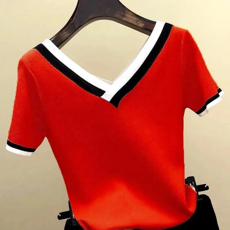 Toleet-V-Neck Short Sleeve Shirt Women Contrast Color Striped Knitted Summer Tops Shirt Korean Clothes Elegant Camisetas 13362
