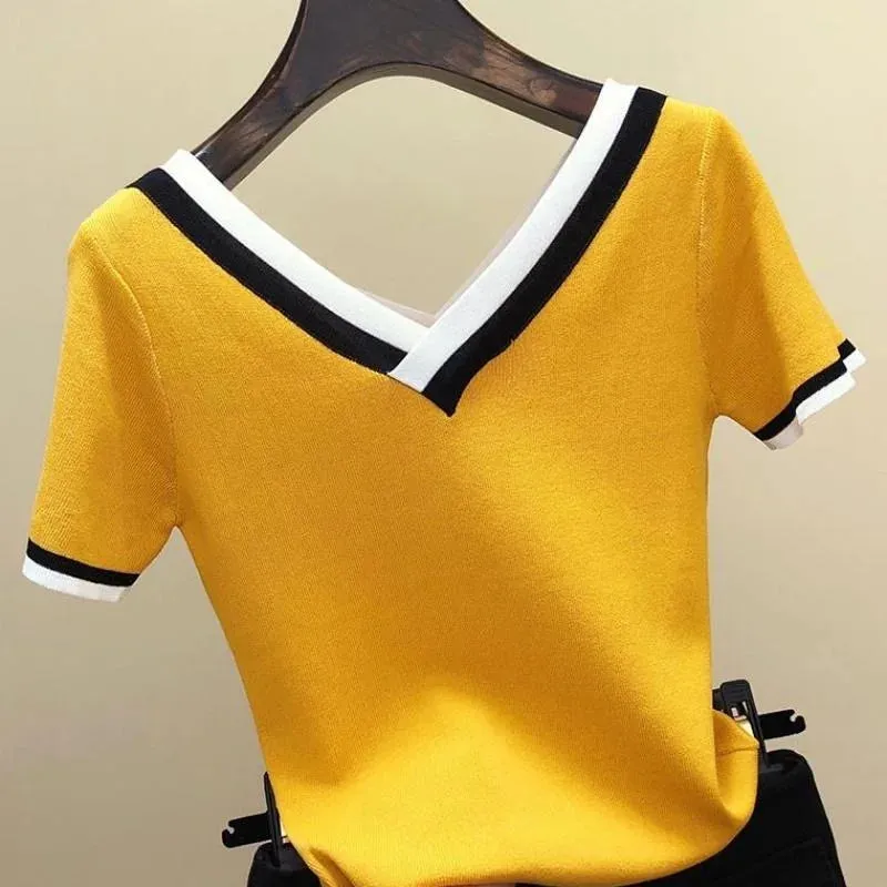 Toleet-V-Neck Short Sleeve Shirt Women Contrast Color Striped Knitted Summer Tops Shirt Korean Clothes Elegant Camisetas 13362