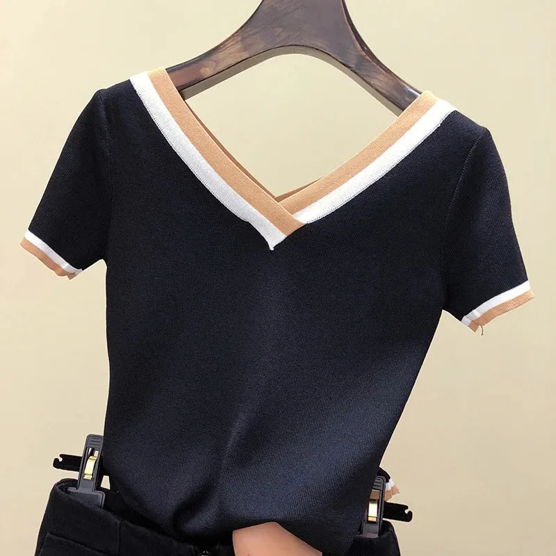 Toleet-V-Neck Short Sleeve Shirt Women Contrast Color Striped Knitted Summer Tops Shirt Korean Clothes Elegant Camisetas 13362
