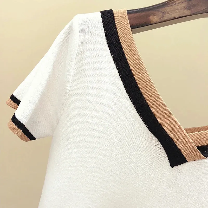Toleet-V-Neck Short Sleeve Shirt Women Contrast Color Striped Knitted Summer Tops Shirt Korean Clothes Elegant Camisetas 13362